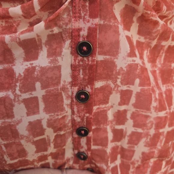 Free People- Sheer- 3/4 Button Front- Long Sleeve- Blouse- Red/Tan- Size Medium - Picture 2 of 16